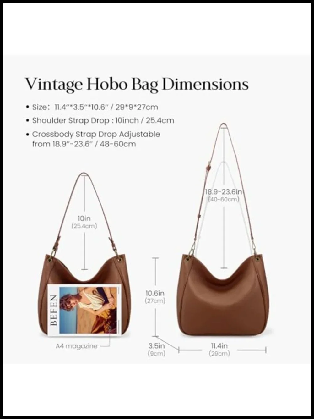 Genuine Leather Hobo Crossbody Bag with 2 Straps, Vintage Soft Shoulder Handbag